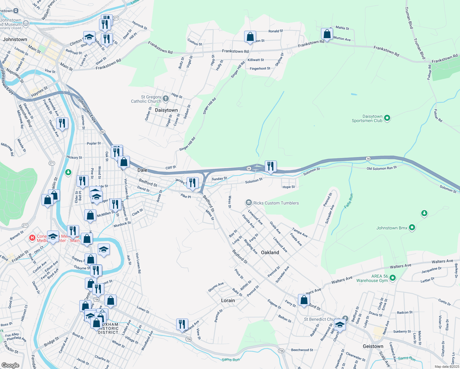 map of restaurants, bars, coffee shops, grocery stores, and more near 1148 Solomon Street in Johnstown