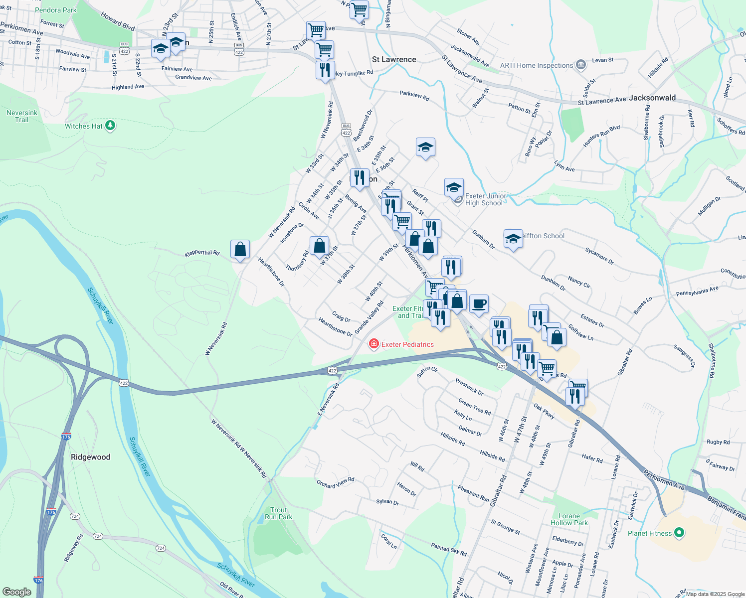 map of restaurants, bars, coffee shops, grocery stores, and more near 217 West 40th Street in Reading