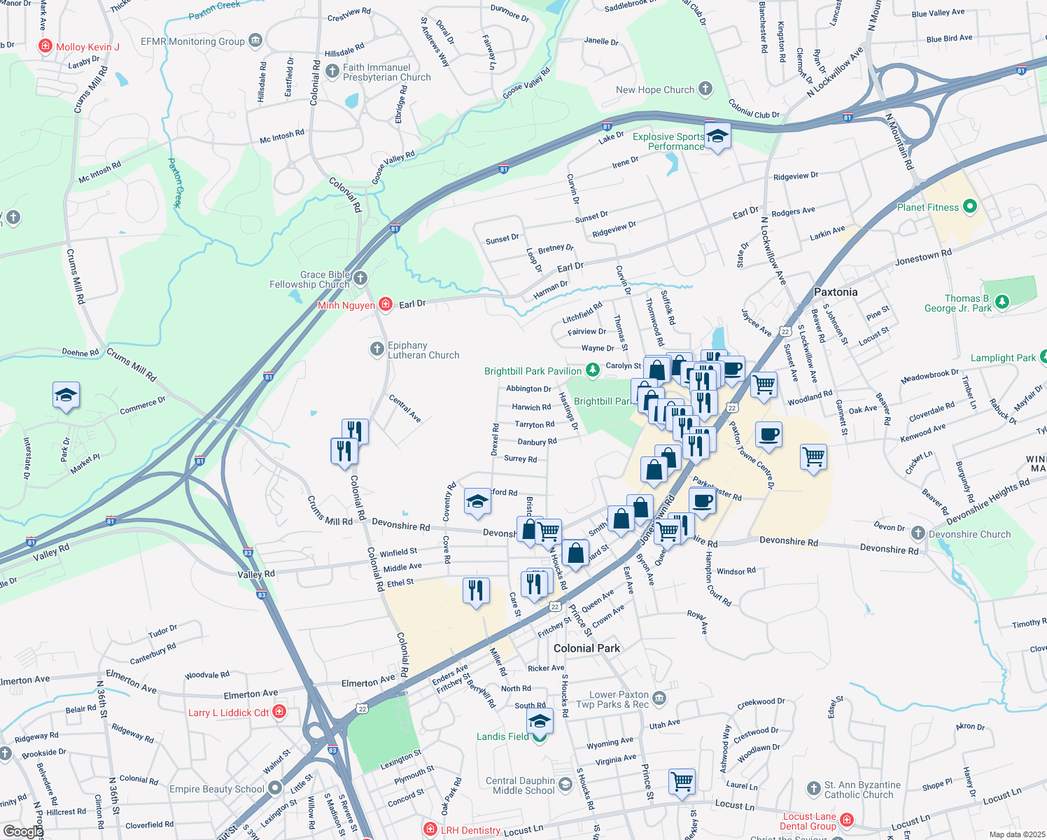 map of restaurants, bars, coffee shops, grocery stores, and more near 4610 Tarryton Road in Harrisburg