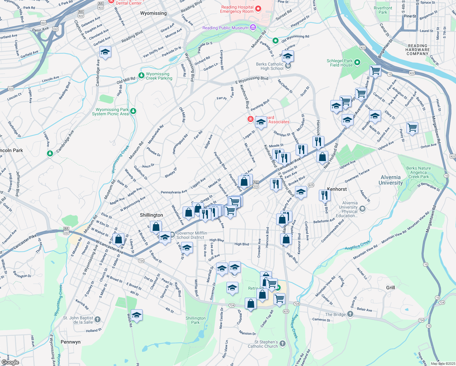 map of restaurants, bars, coffee shops, grocery stores, and more near 1617 Gregg Avenue in Reading