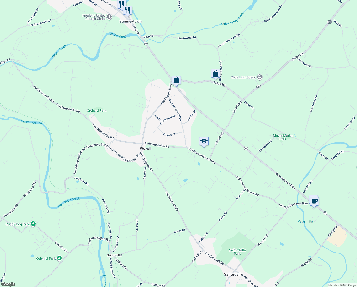 map of restaurants, bars, coffee shops, grocery stores, and more near 1800 Perkiomenville Rd in Harleysville