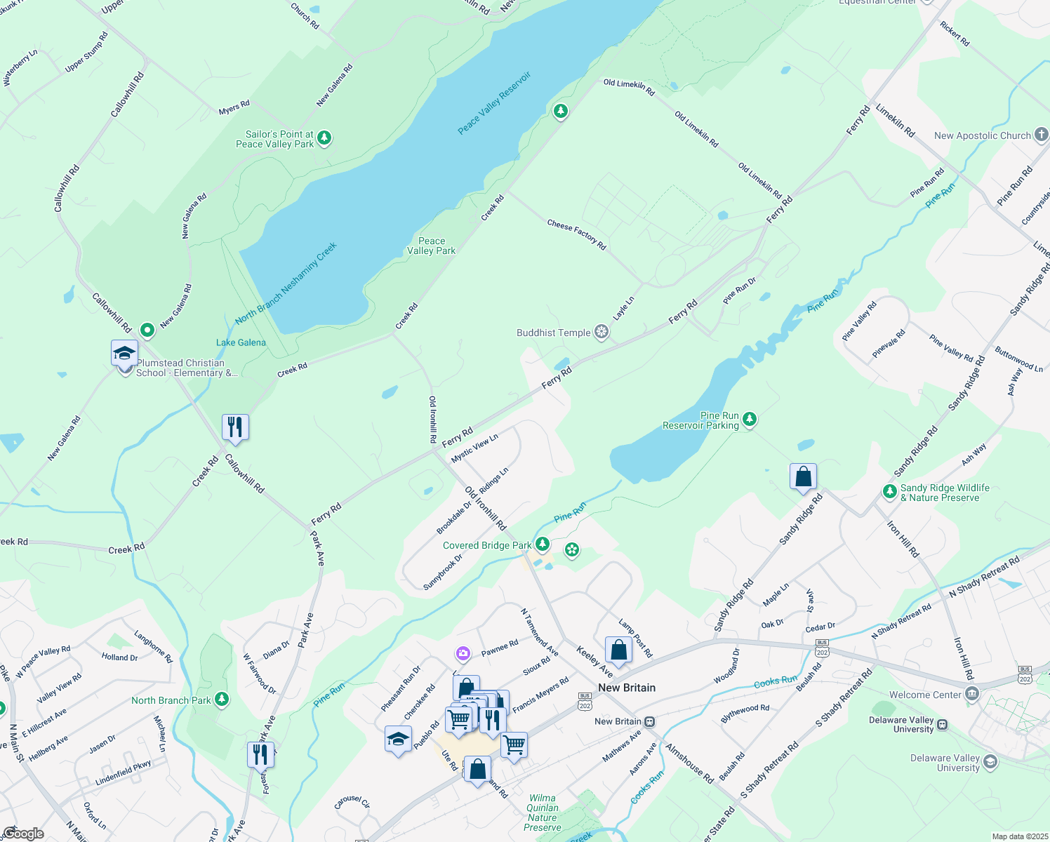 map of restaurants, bars, coffee shops, grocery stores, and more near 40 Mystic View Lane in Doylestown