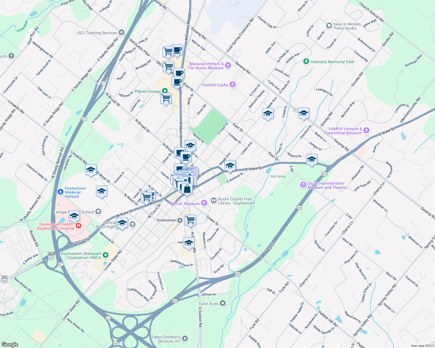 map of restaurants, bars, coffee shops, grocery stores, and more near 195 East Oakland Avenue in Doylestown