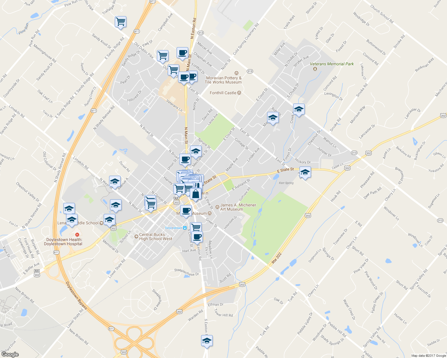 map of restaurants, bars, coffee shops, grocery stores, and more near 197 East Oakland Avenue in Doylestown