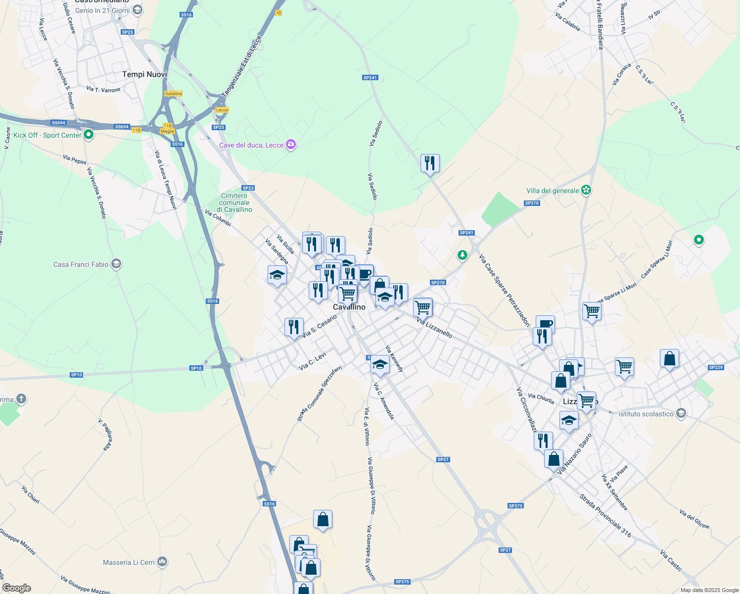 map of restaurants, bars, coffee shops, grocery stores, and more near 33 Via Principe di Piemonte in Cavallino