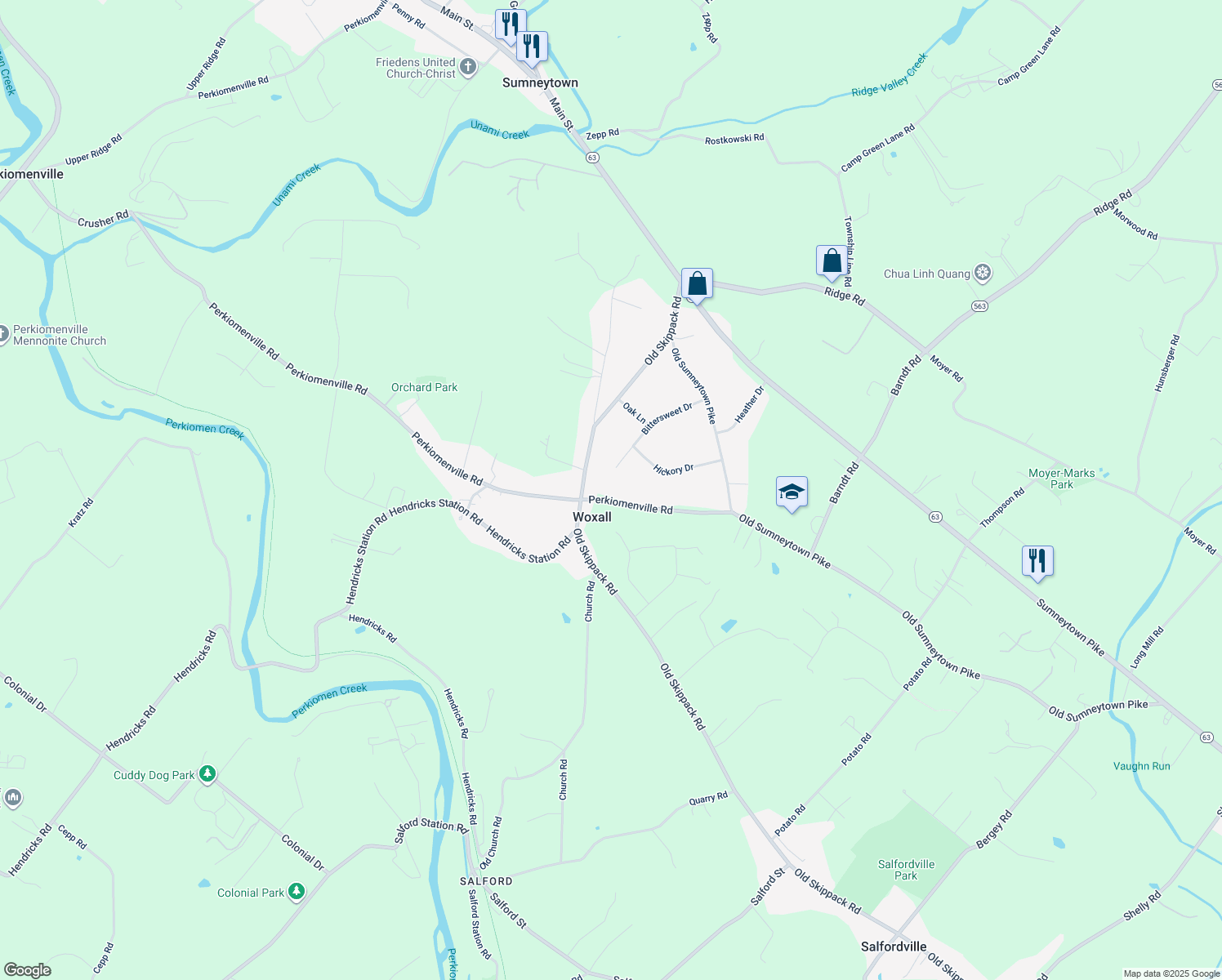 map of restaurants, bars, coffee shops, grocery stores, and more near 1980 Perkiomenville Rd in Harleysville
