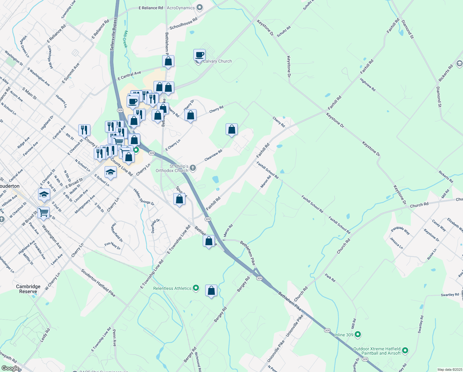 map of restaurants, bars, coffee shops, grocery stores, and more near 227 Fairhill Road in Hatfield