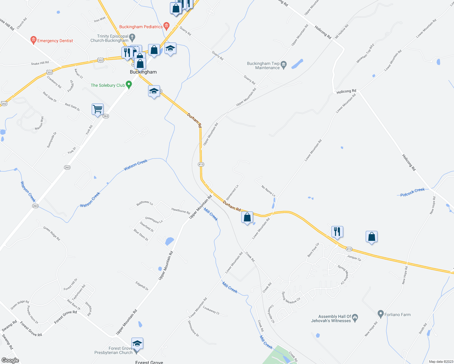 map of restaurants, bars, coffee shops, grocery stores, and more near 4550 Stonecrest Lane in New Hope