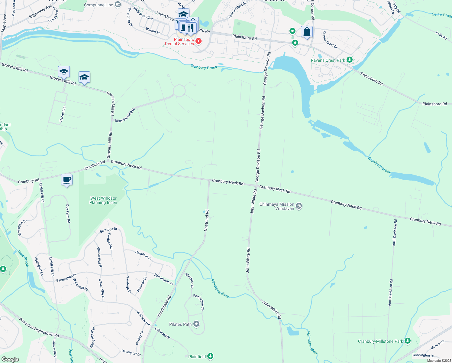 map of restaurants, bars, coffee shops, grocery stores, and more near Cranbury Neck Road in Plainsboro Township
