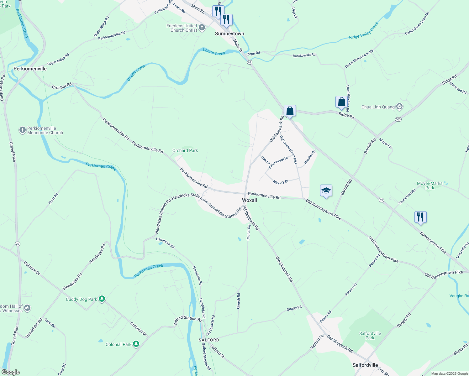 map of restaurants, bars, coffee shops, grocery stores, and more near 2090 Perkiomenville Road in Harleysville