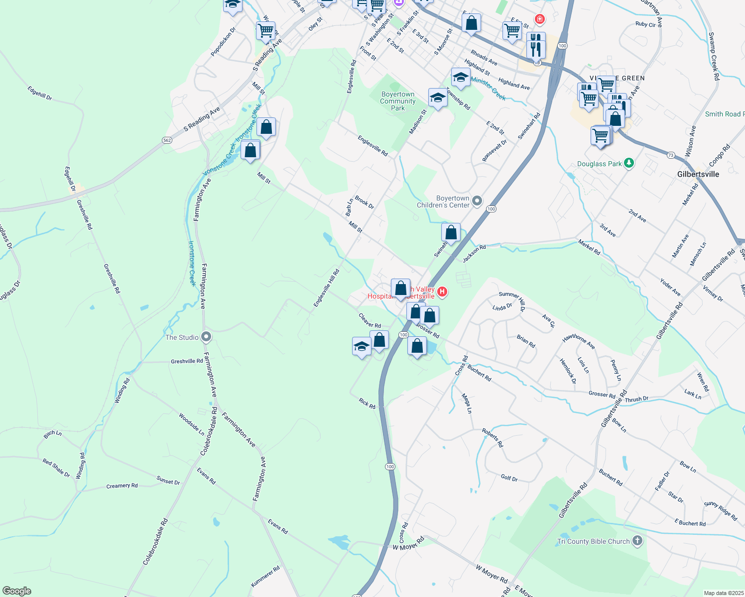 map of restaurants, bars, coffee shops, grocery stores, and more near 58 Amberly Ct in Boyertown