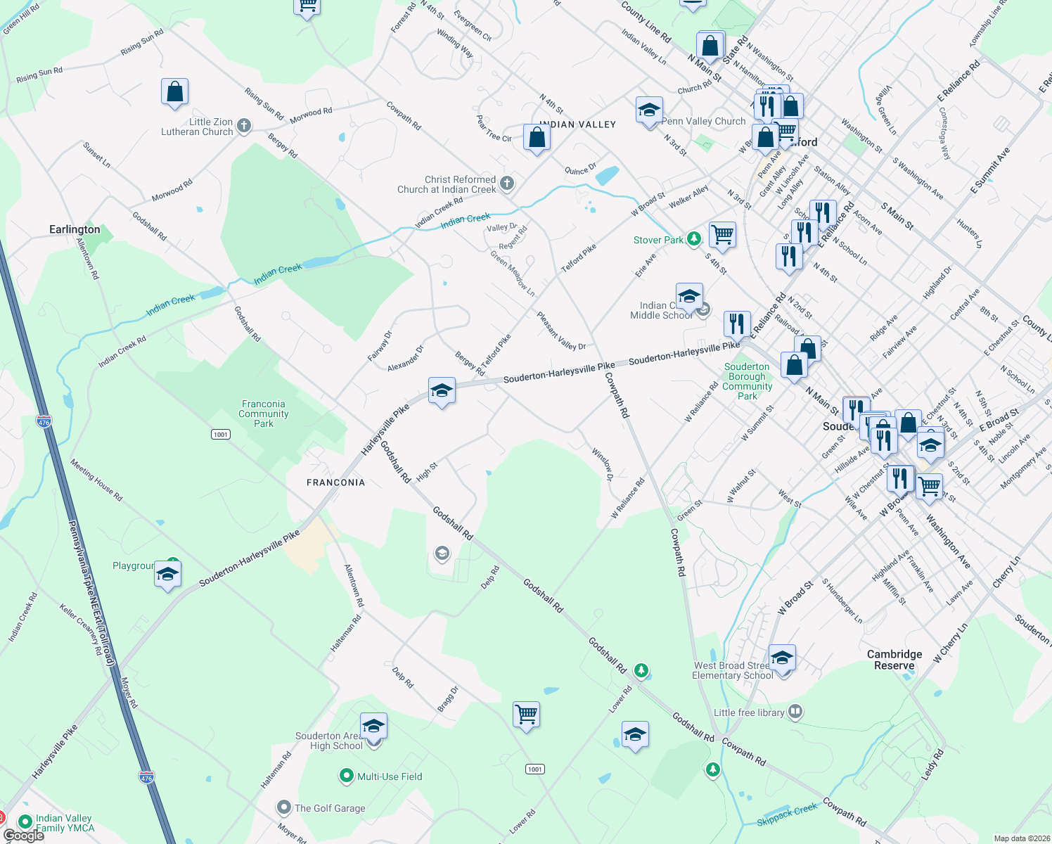 map of restaurants, bars, coffee shops, grocery stores, and more near 478 Smokepipe Road in Souderton