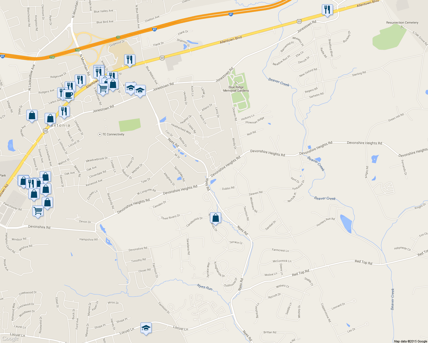 map of restaurants, bars, coffee shops, grocery stores, and more near 650 Lopax Road in Harrisburg