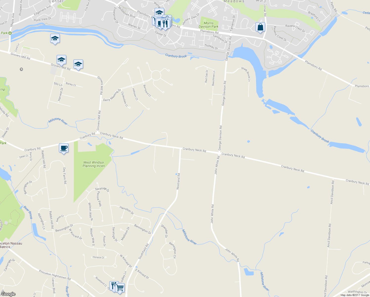 map of restaurants, bars, coffee shops, grocery stores, and more near 156 Cranbury Neck Road in Middlesex County
