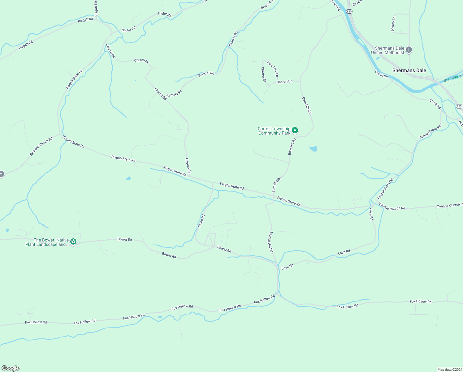 map of restaurants, bars, coffee shops, grocery stores, and more near 798 Pisgah State Road in Shermans Dale