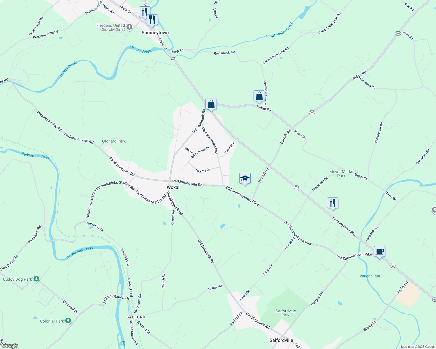 map of restaurants, bars, coffee shops, grocery stores, and more near 1811 Old Sumneytown Pike in Harleysville