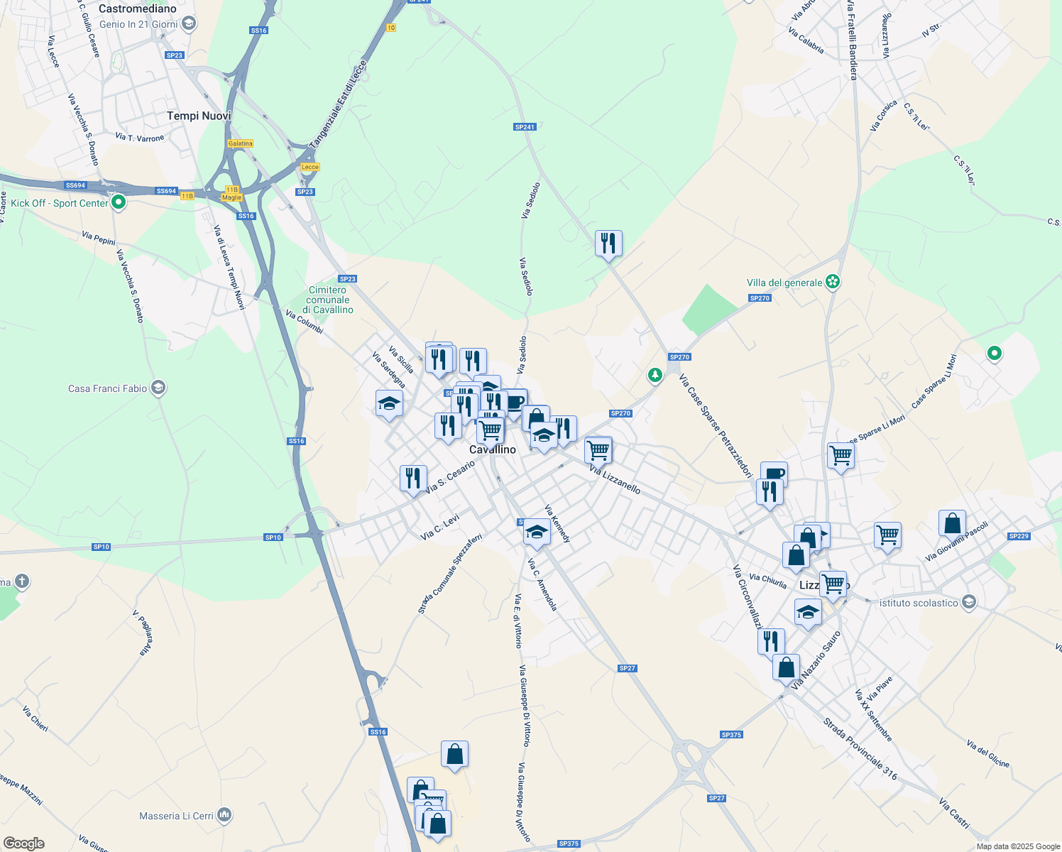 map of restaurants, bars, coffee shops, grocery stores, and more near 5 Via Giacomo Leopardi in Cavallino