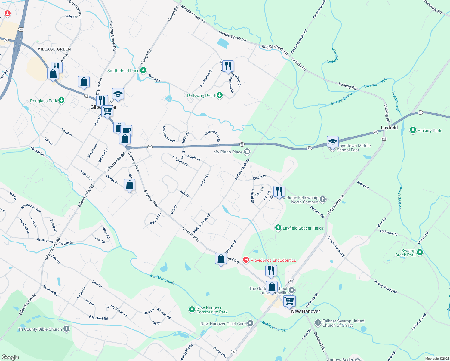 map of restaurants, bars, coffee shops, grocery stores, and more near 185 Tulip Lane in Gilbertsville