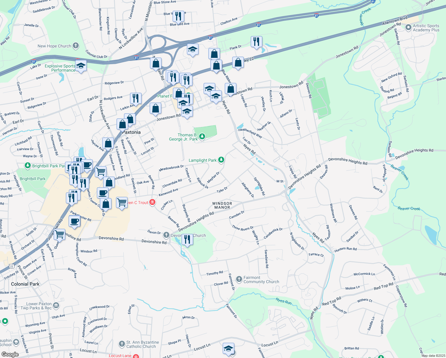 map of restaurants, bars, coffee shops, grocery stores, and more near 419 Rabuck Drive in Harrisburg