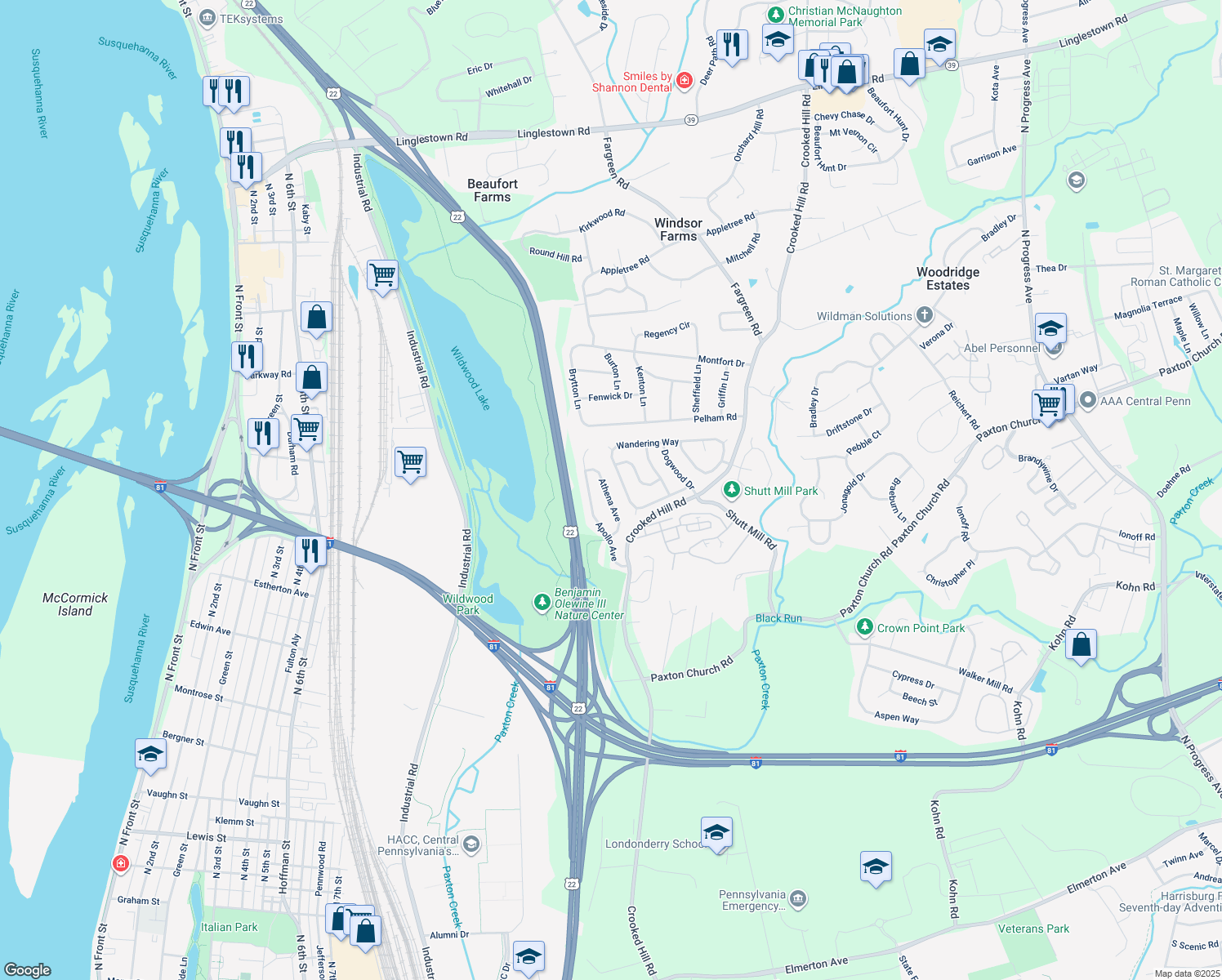 map of restaurants, bars, coffee shops, grocery stores, and more near 3541 Athena Avenue in Harrisburg