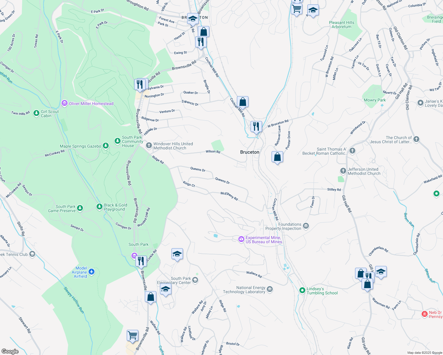 map of restaurants, bars, coffee shops, grocery stores, and more near 1700 Queens Drive in South Park Township
