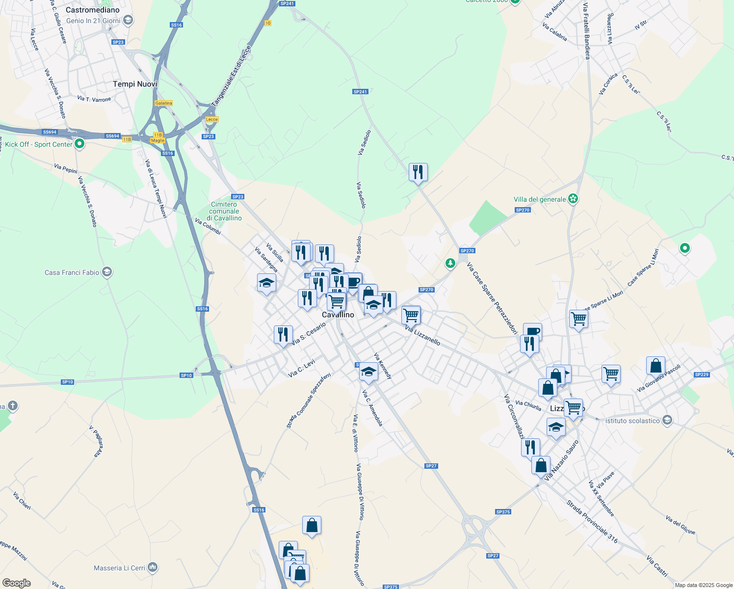 map of restaurants, bars, coffee shops, grocery stores, and more near 5 Via Giacomo Leopardi in Cavallino