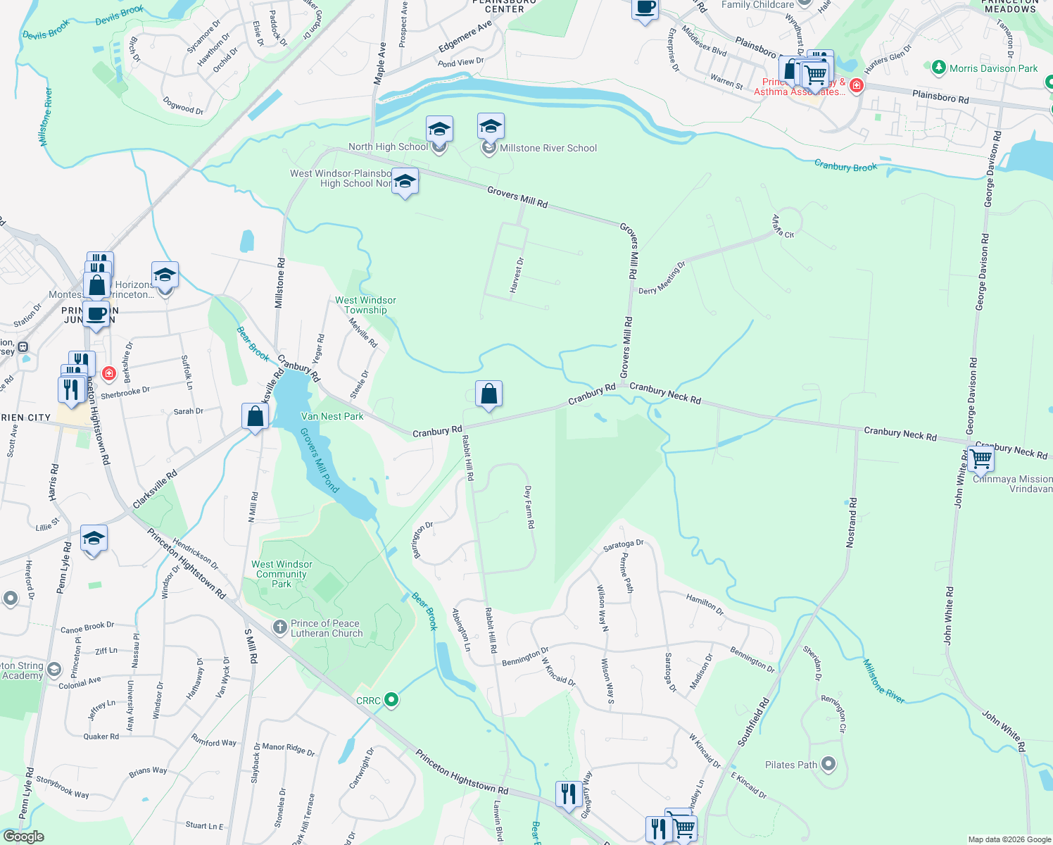 map of restaurants, bars, coffee shops, grocery stores, and more near 434 Cranbury Rd in West Windsor Township