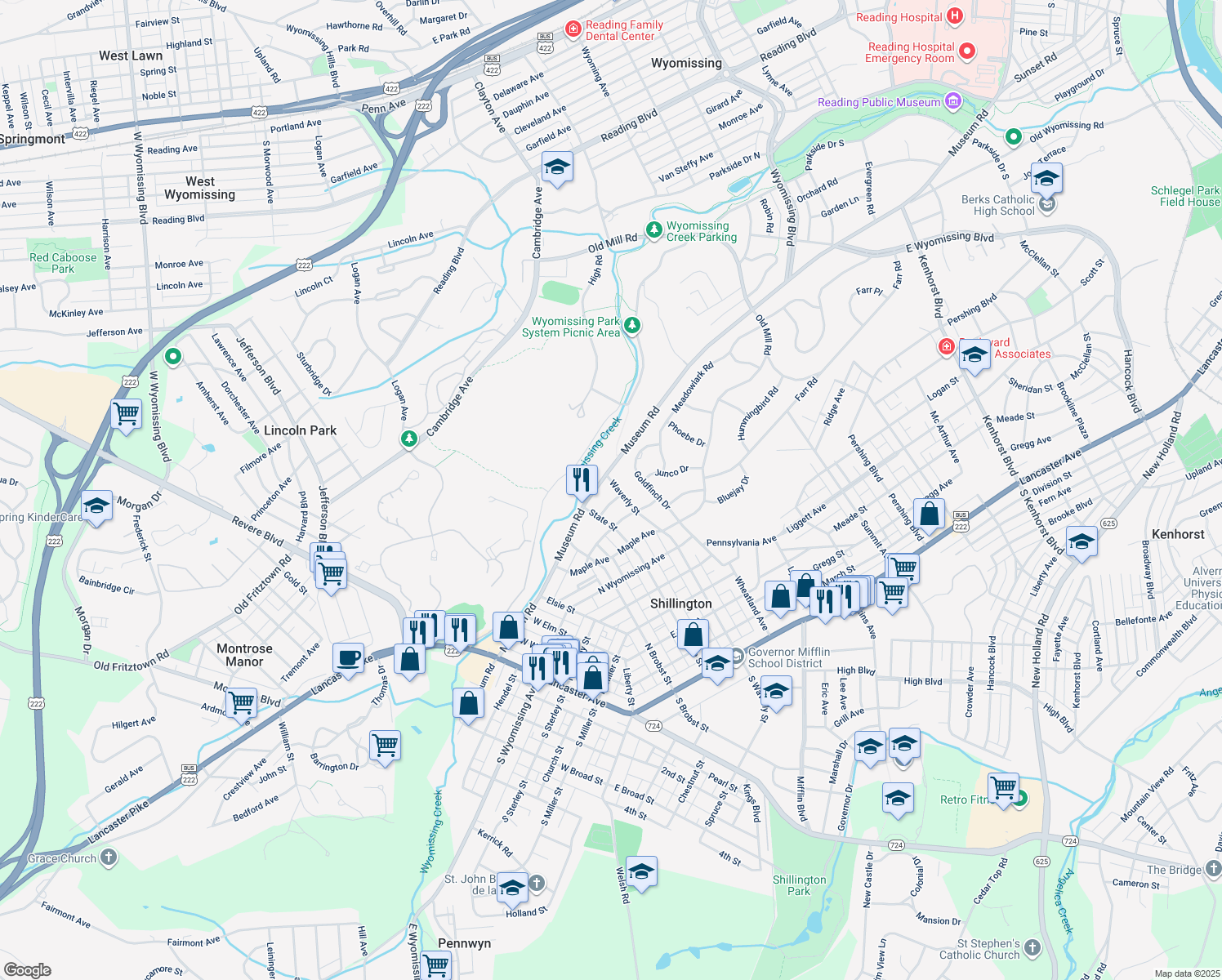 map of restaurants, bars, coffee shops, grocery stores, and more near 712 N Waverly St in Shillington