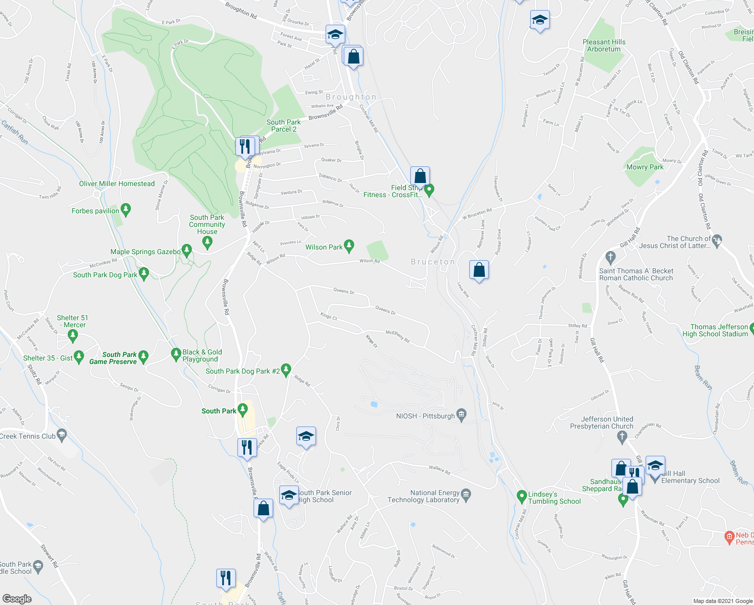 map of restaurants, bars, coffee shops, grocery stores, and more near 1700 Queens Drive in South Park Township