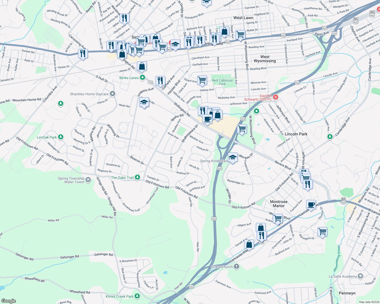 map of restaurants, bars, coffee shops, grocery stores, and more near 2549 Joshua Drive in Sinking Spring