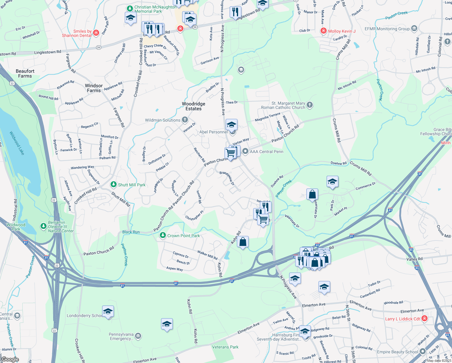 map of restaurants, bars, coffee shops, grocery stores, and more near 2224 Concord Circle in Harrisburg