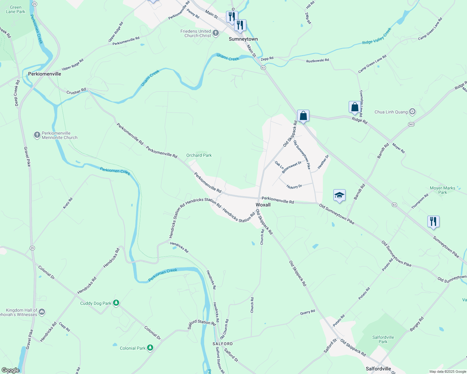 map of restaurants, bars, coffee shops, grocery stores, and more near 2176 Perkiomenville Rd in Harleysville