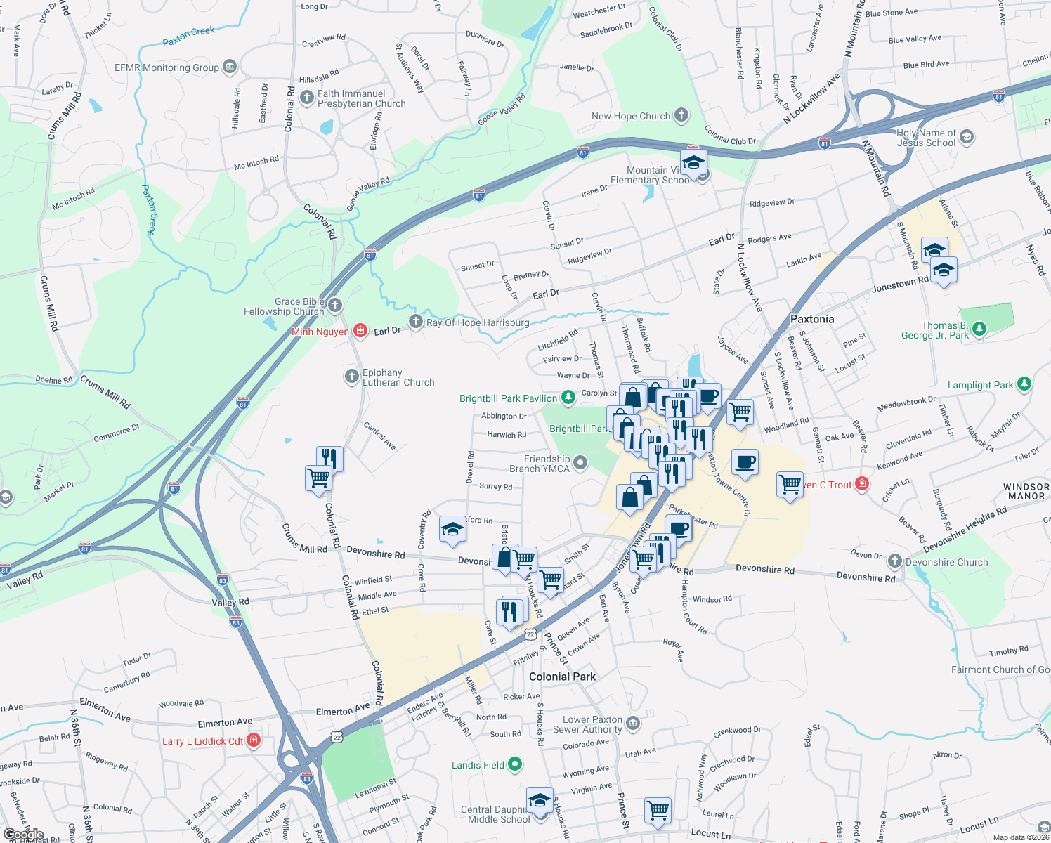 map of restaurants, bars, coffee shops, grocery stores, and more near 4621 Abbington Dr in Harrisburg