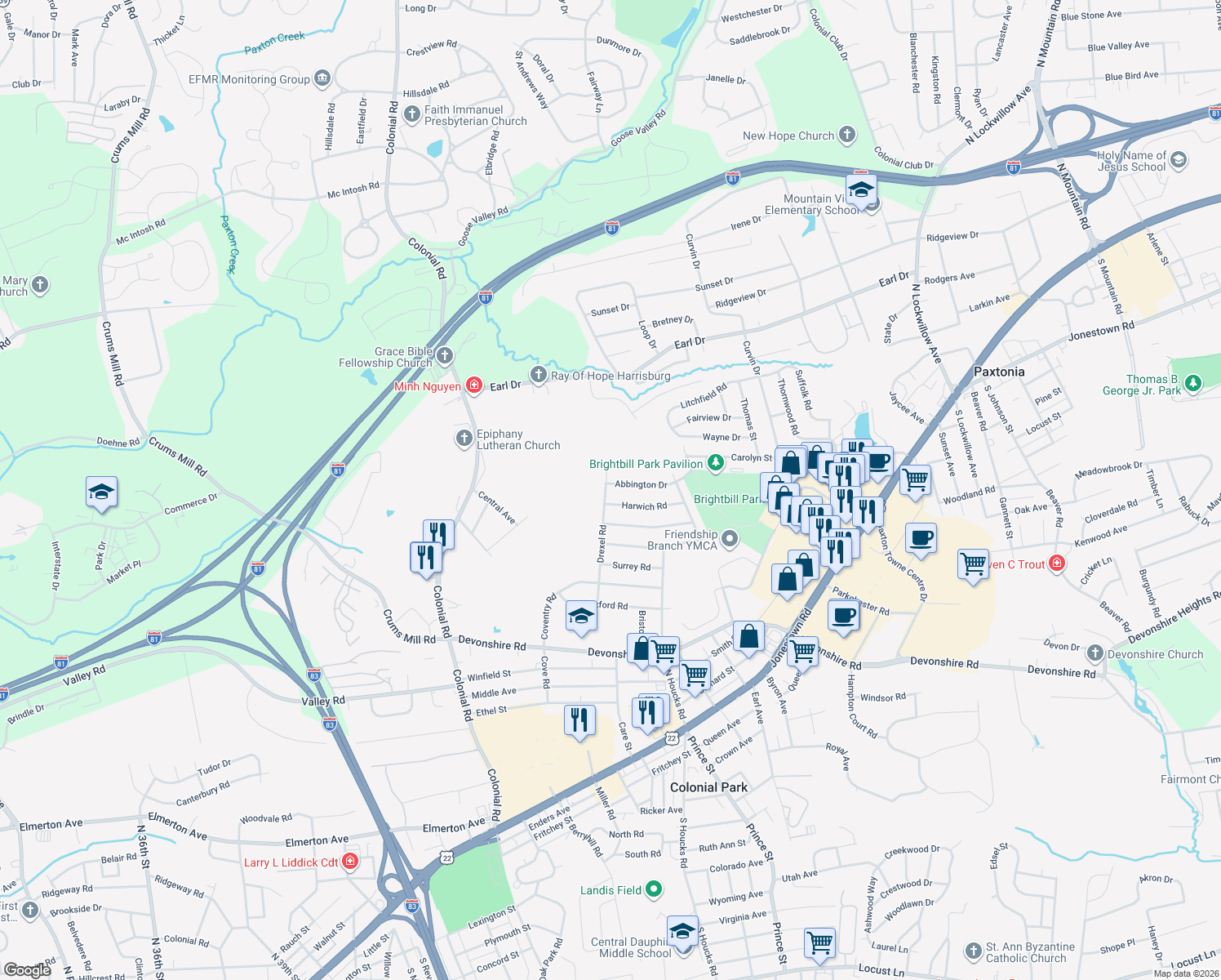 map of restaurants, bars, coffee shops, grocery stores, and more near 703 Drexel Rd in Harrisburg