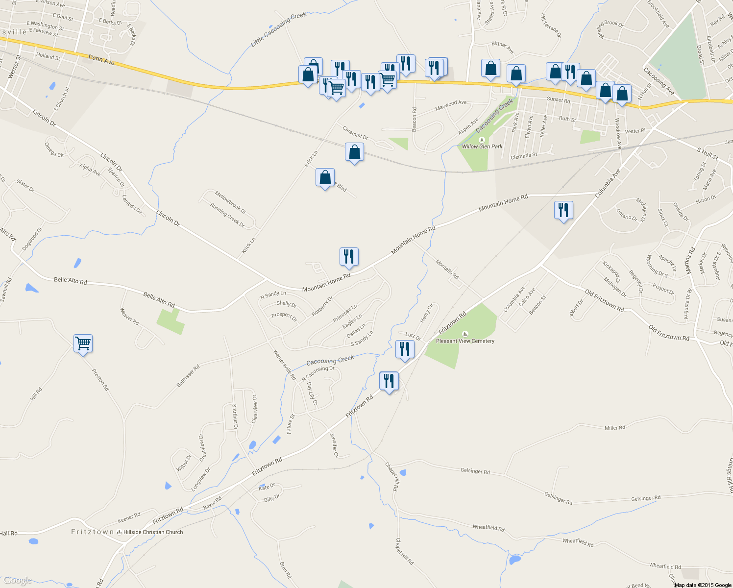 map of restaurants, bars, coffee shops, grocery stores, and more near 11 Primrose Lane in Sinking Spring