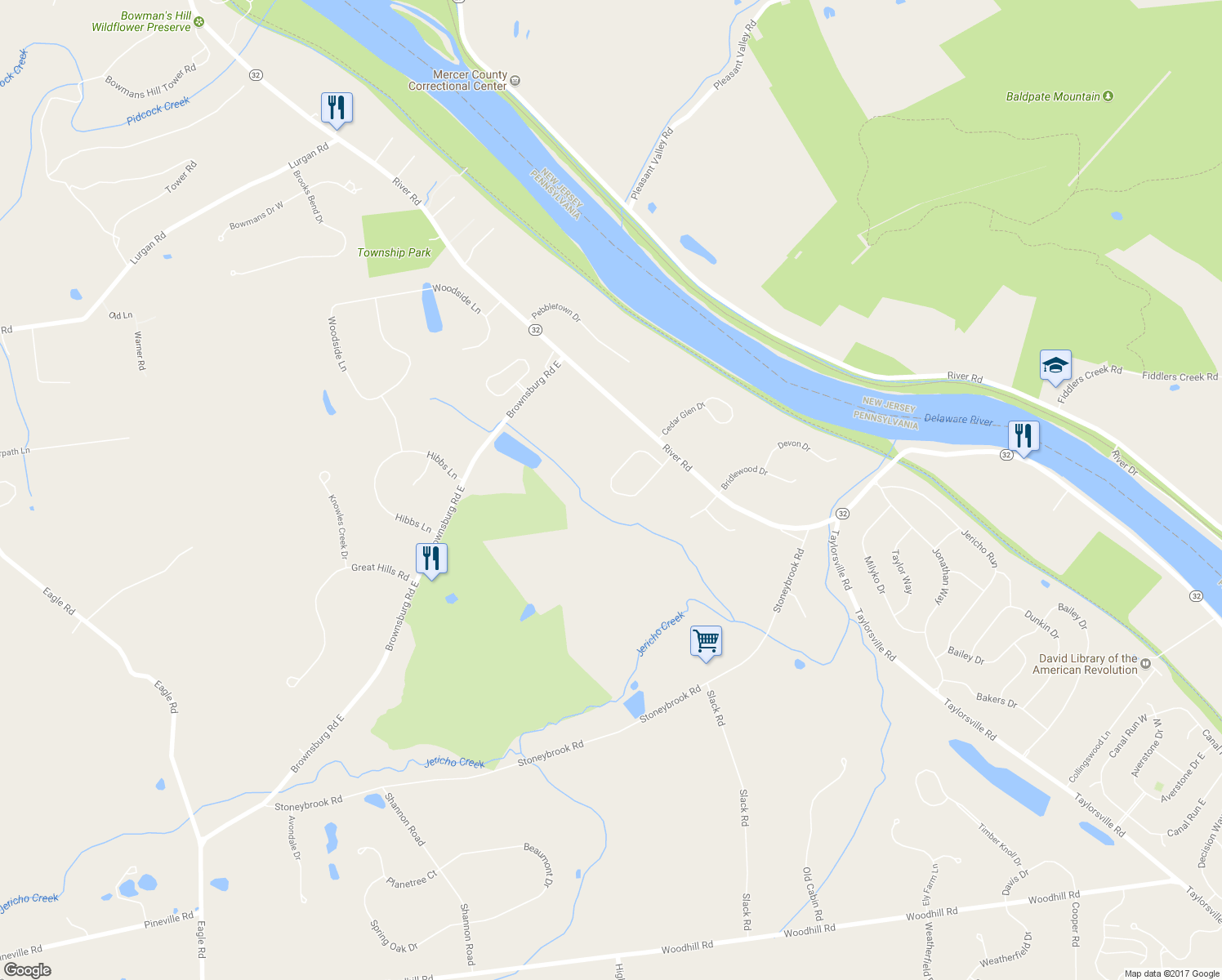 map of restaurants, bars, coffee shops, grocery stores, and more near 19 Pheasant Run Road in New Hope