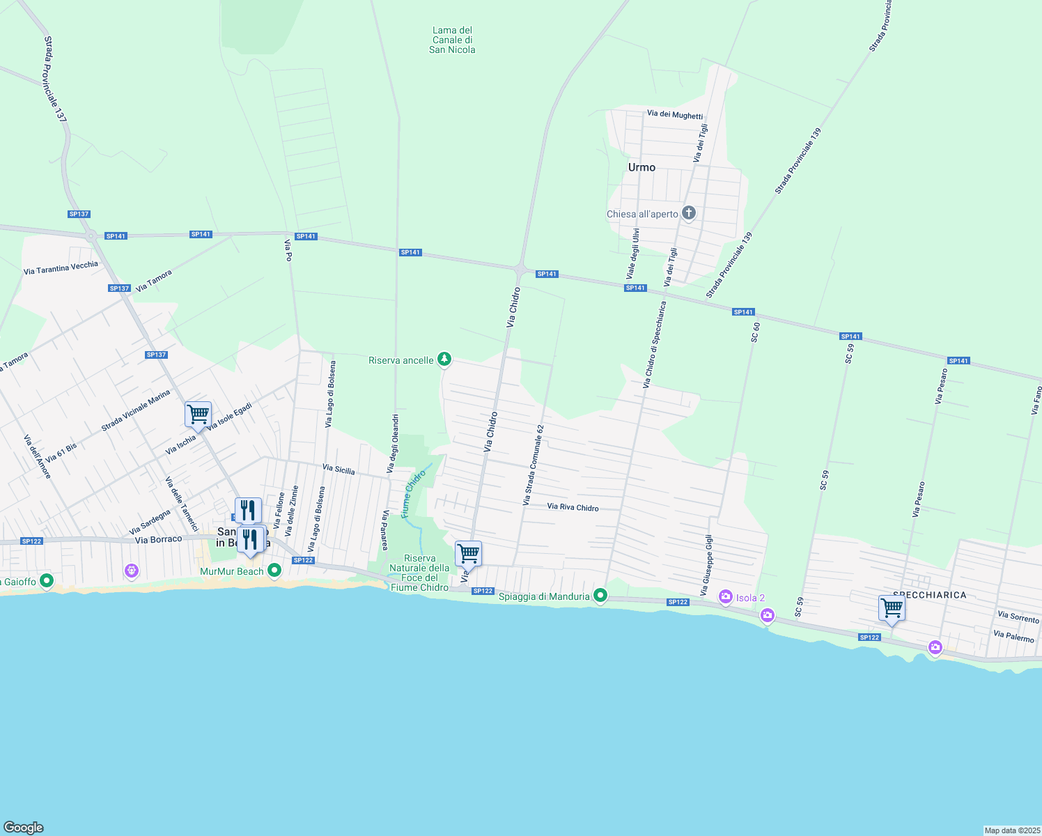 map of restaurants, bars, coffee shops, grocery stores, and more near 117 Viale dei Pini in San Pietro In Bevagna