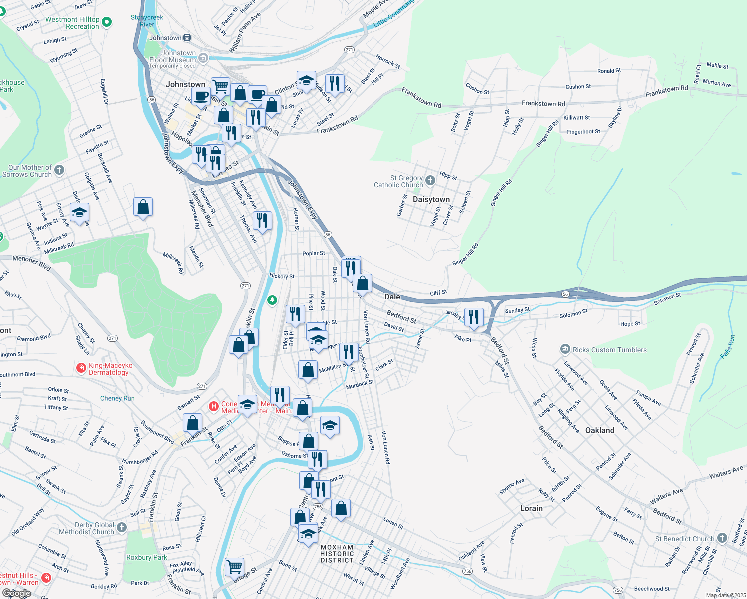 map of restaurants, bars, coffee shops, grocery stores, and more near 109 School St in Johnstown