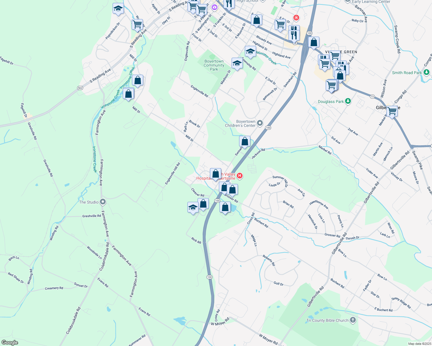 map of restaurants, bars, coffee shops, grocery stores, and more near 3 Linden Court in Boyertown