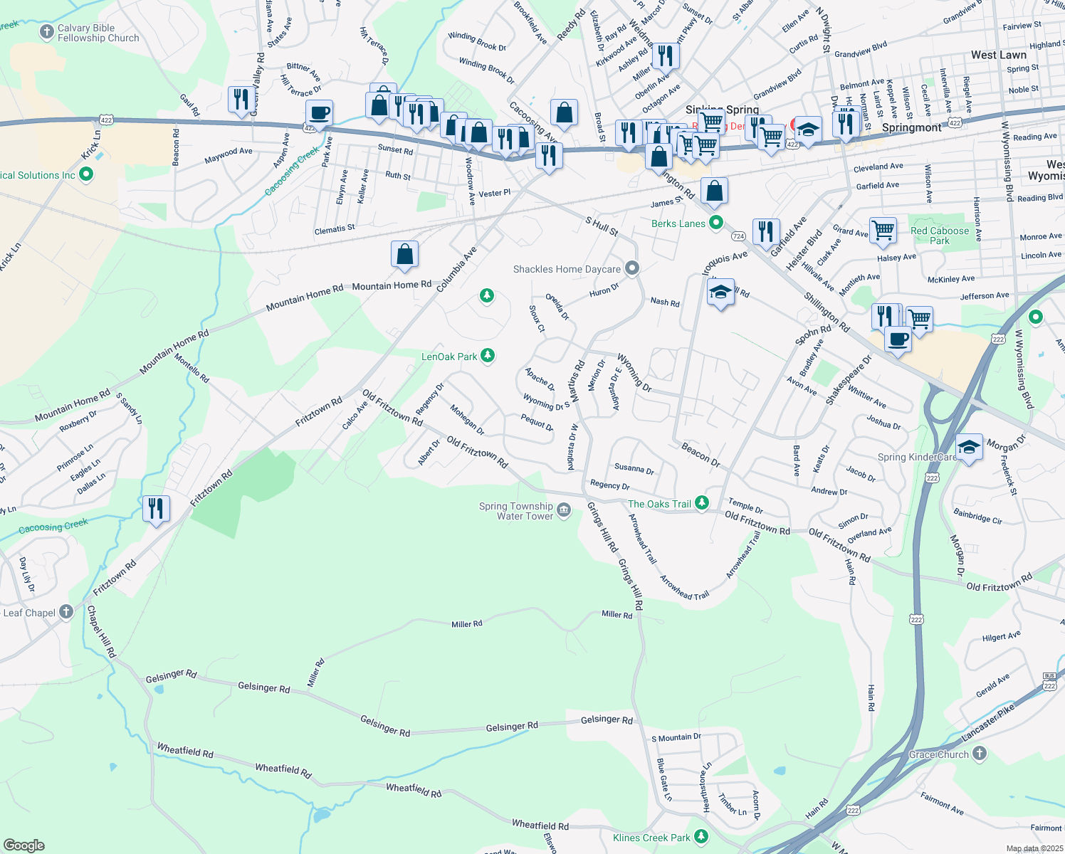 map of restaurants, bars, coffee shops, grocery stores, and more near 3319 Pequot Drive in Sinking Spring
