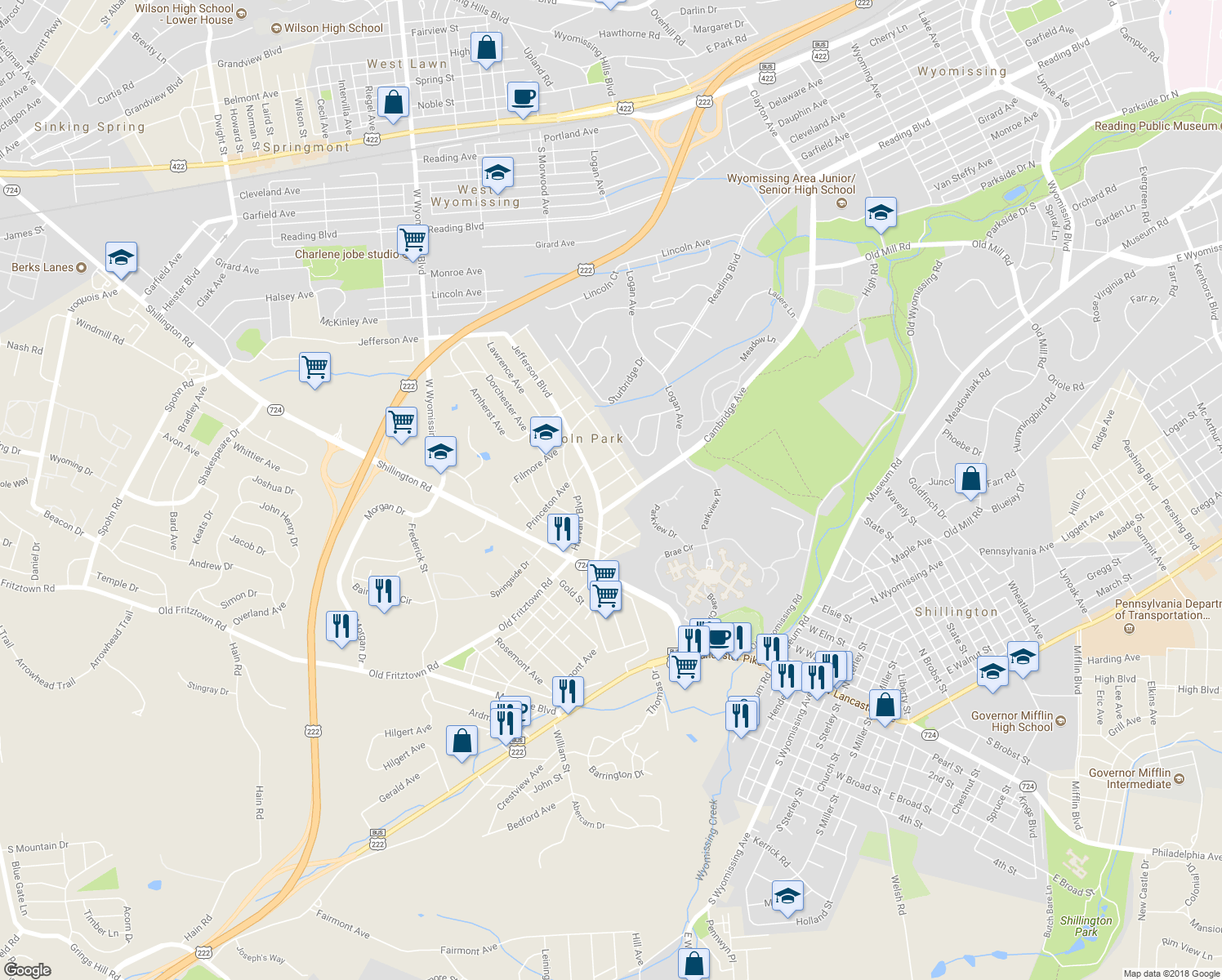 map of restaurants, bars, coffee shops, grocery stores, and more near 8 Oxford Avenue in West Lawn