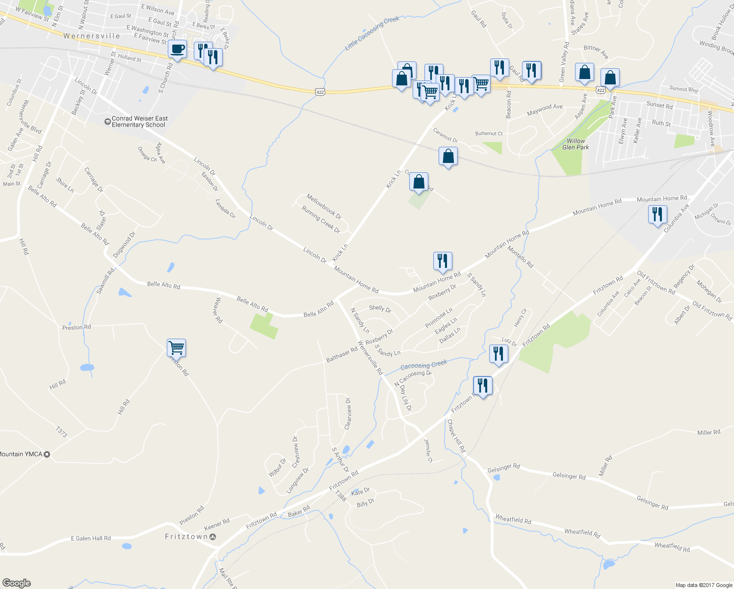 map of restaurants, bars, coffee shops, grocery stores, and more near 218 North Sandy Lane in Sinking Spring