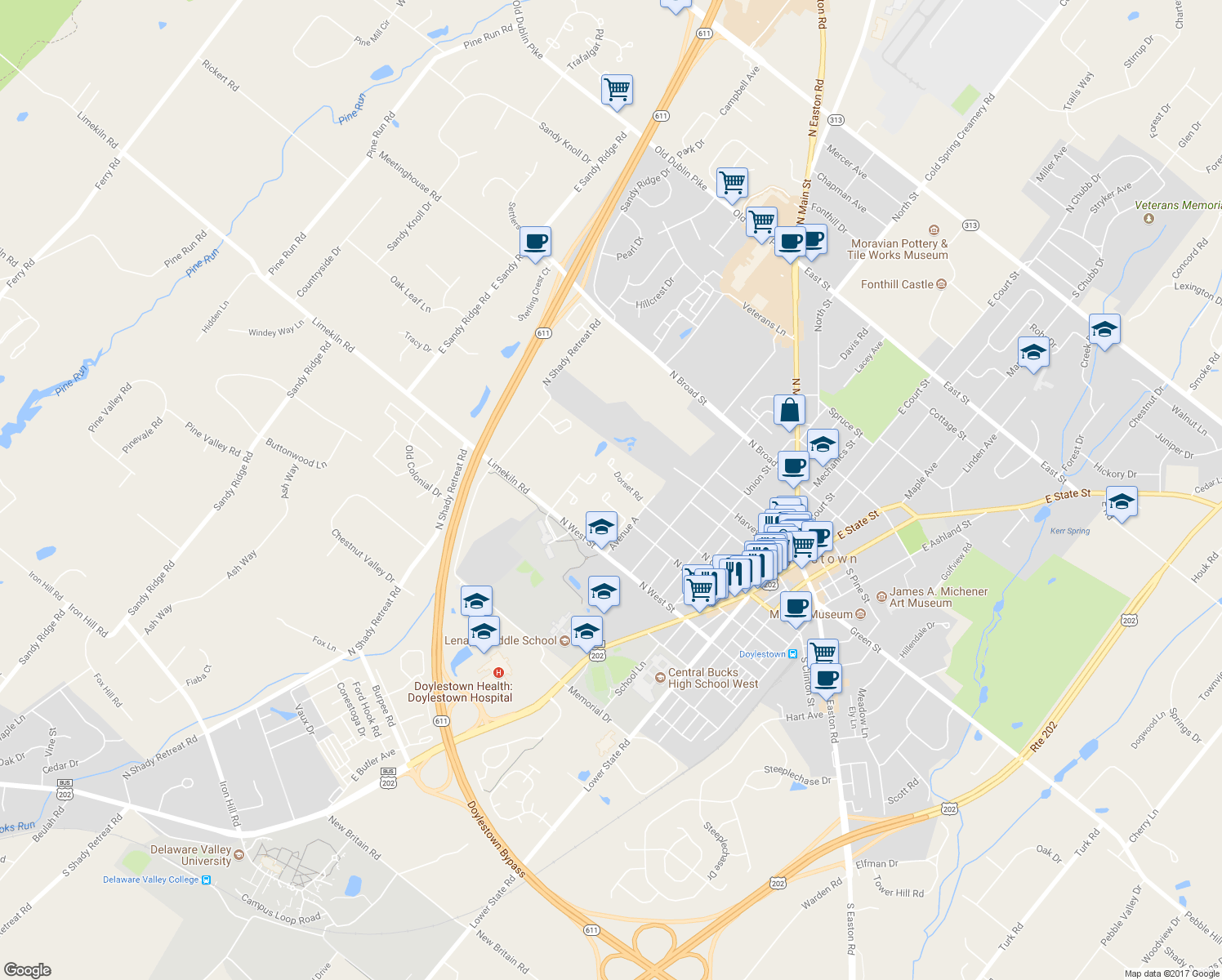 map of restaurants, bars, coffee shops, grocery stores, and more near 229 Hastings Court in Doylestown