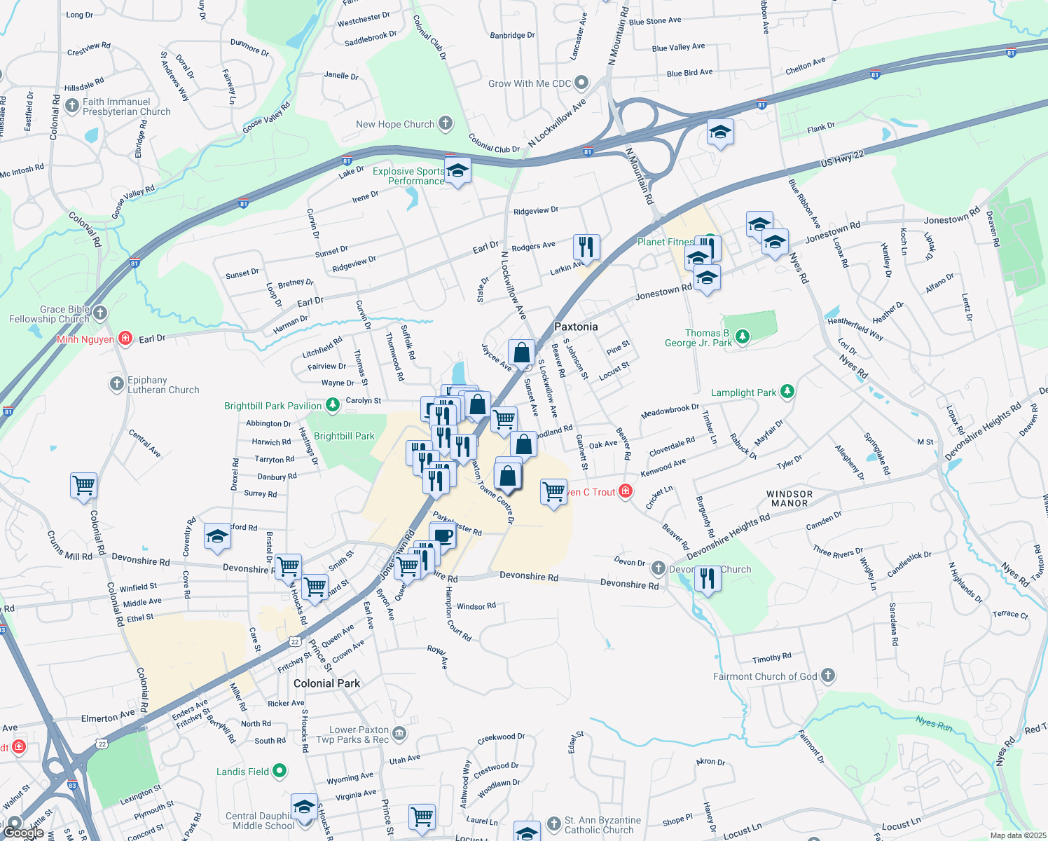 map of restaurants, bars, coffee shops, grocery stores, and more near 127 Atmore Street in Harrisburg