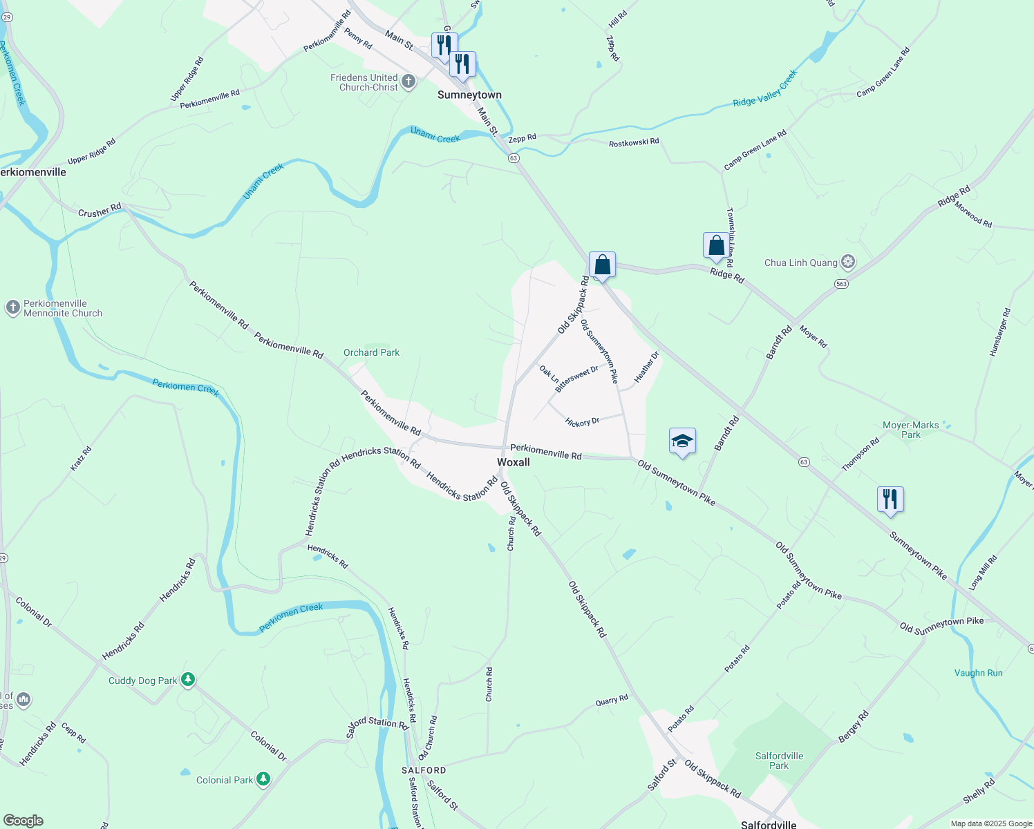 map of restaurants, bars, coffee shops, grocery stores, and more near 2070 Old Skippack Road in Harleysville