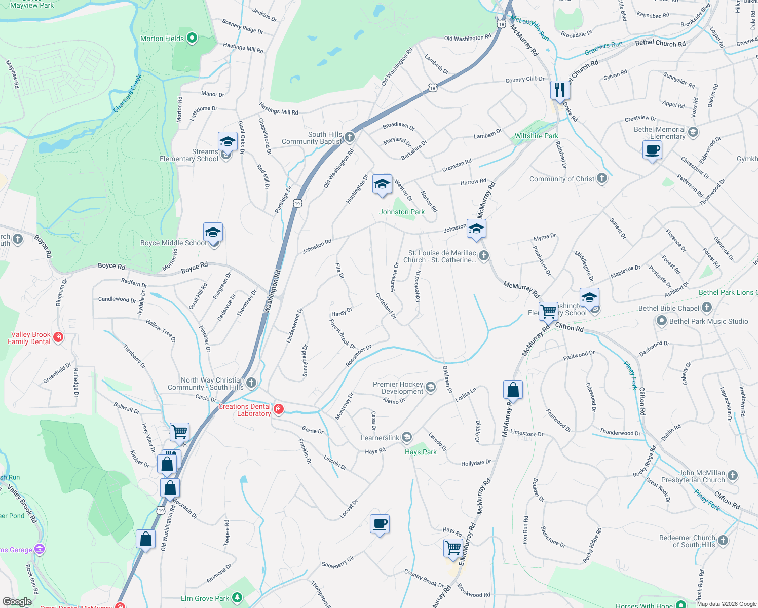 map of restaurants, bars, coffee shops, grocery stores, and more near 2500-2562 Rossmoor Dr in Upper St Clair