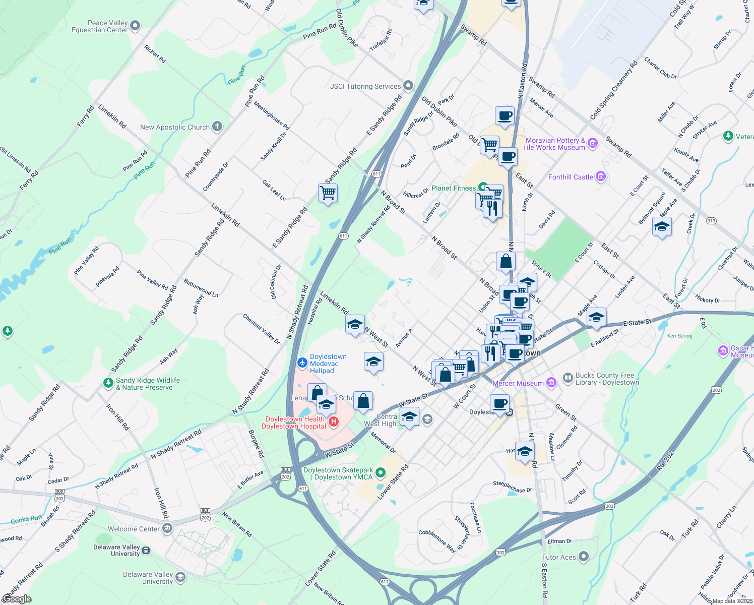 map of restaurants, bars, coffee shops, grocery stores, and more near 515 Portsmouth Court in Doylestown