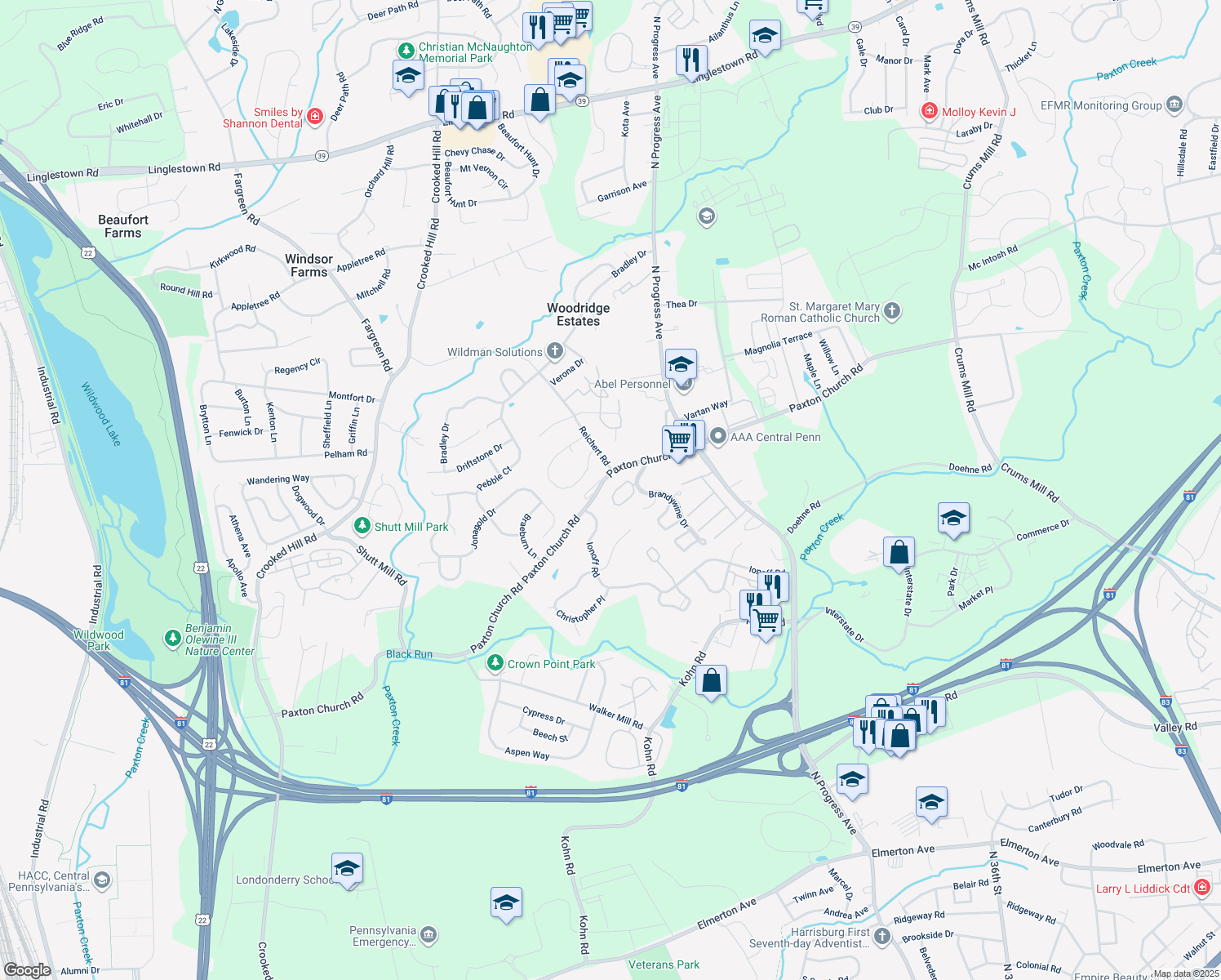 map of restaurants, bars, coffee shops, grocery stores, and more near 2128 Saint Clair Court in Harrisburg