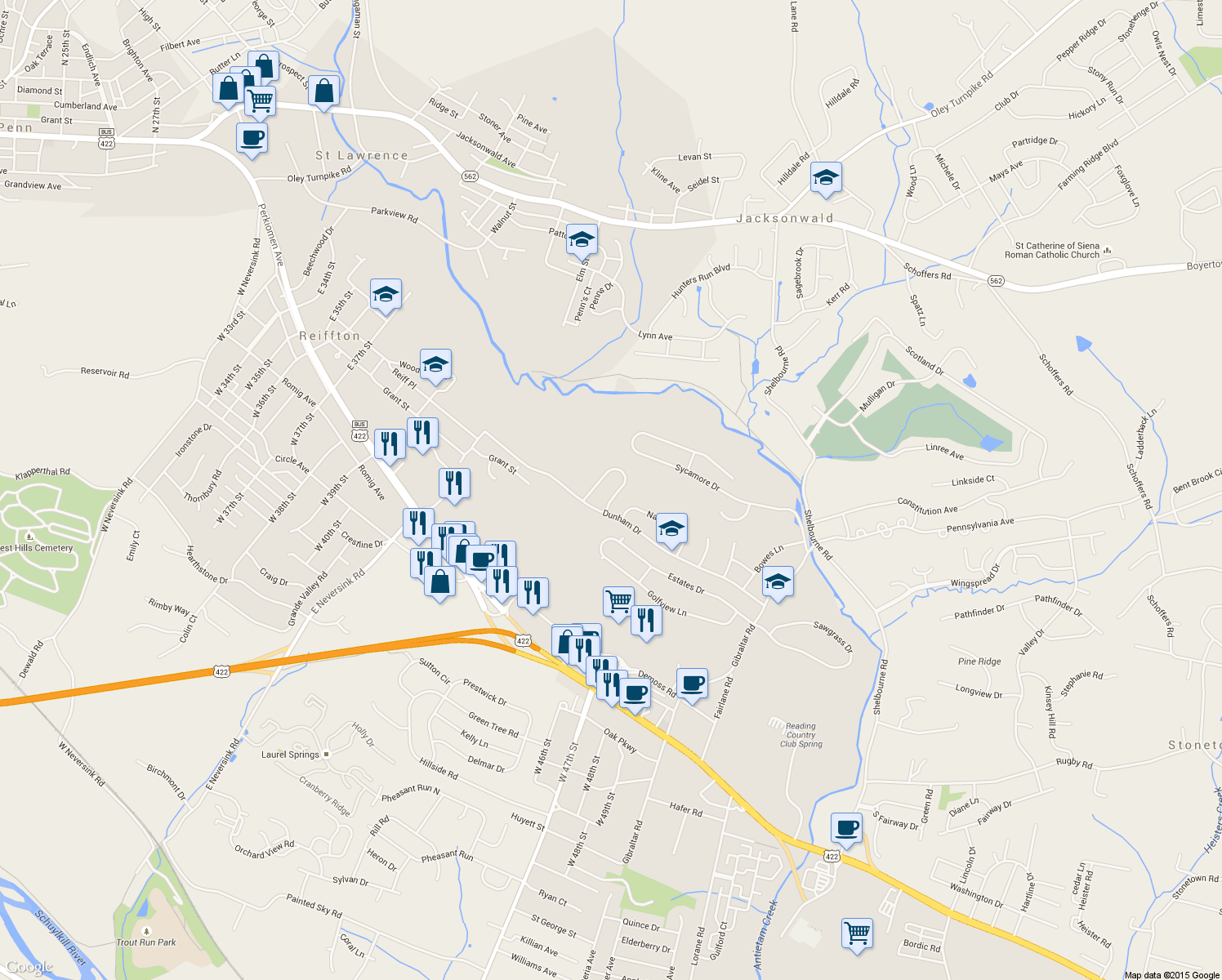 map of restaurants, bars, coffee shops, grocery stores, and more near 36 Hayden Circle in Reading