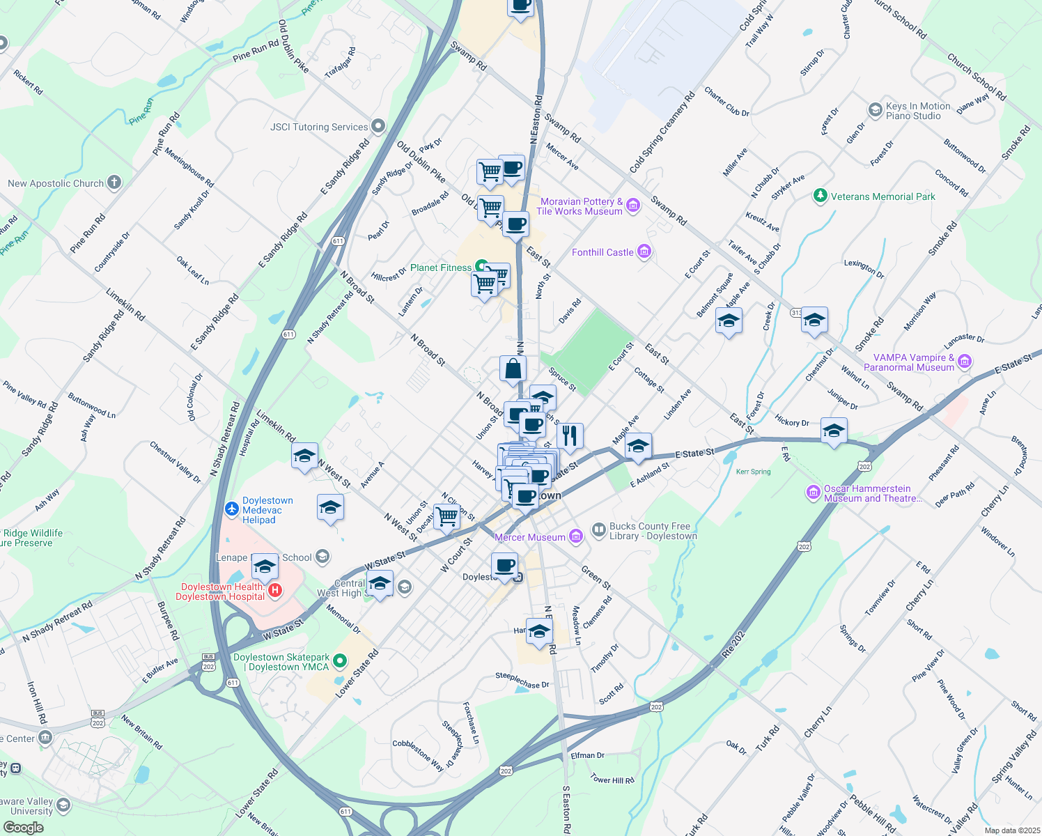 map of restaurants, bars, coffee shops, grocery stores, and more near 196 North Main Street in Doylestown
